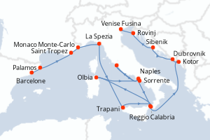 Carte itinéraire croisière  - 18 jours au départ de Barcelone - Méditerranée