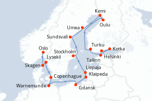 Carte itinéraire croisière  - 22 jours au départ de Oslo - Europe du Nord