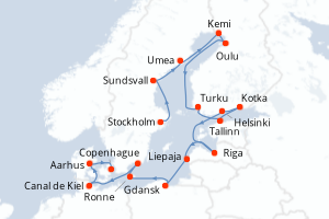 Carte itinéraire croisière  - 22 jours au départ de Stockholm - Europe du Nord