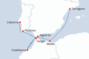 Carte itinéraire croisière - 7 jours au départ de Lisbonne - Méditerranée