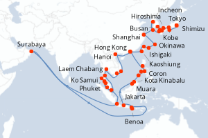 Carte itinéraire croisière  - 61 jours au départ de Tokyo - Asie
