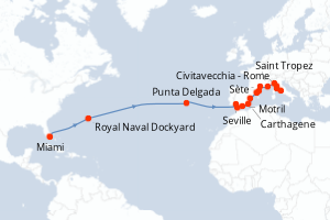Carte itinéraire croisière  - 23 jours au départ de Miami - Transatlantique