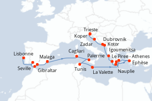 Carte itinéraire croisière - 22 jours au départ de Lisbonne - Méditerranée
