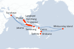 Carte itinéraire croisière  - 29 jours au départ de Singapour - Australie Nouvelle Zélande