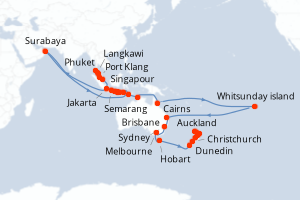Carte itinéraire croisière  - 43 jours au départ de Singapour - Australie Nouvelle Zélande