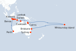Carte itinéraire croisière  - 23 jours au départ de Sydney - Australie Nouvelle Zélande