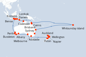 Carte itinéraire croisière  - 40 jours au départ de Sydney - Australie Nouvelle Zélande