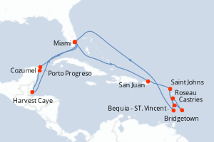Carte itinéraire croisière  - 18 jours au départ de Miami - Caraïbes Bahamas