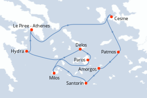 Carte itinéraire croisière - 7 jours au départ de Le Piree - Athenes - Méditerranée