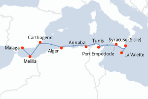 Carte itinéraire croisière - 8 jours au départ de La Valette - Méditerranée