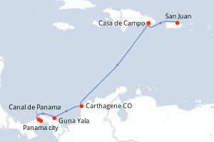 Carte itinéraire croisière - 7 jours au départ de San Juan - Canal de Panama