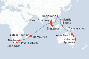 Carte itinéraire croisière - 48 jours au départ de Sydney - Afrique du Sud