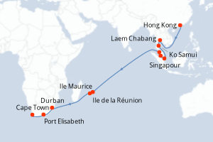 Carte itinéraire croisière - 31 jours au départ de Hong Kong - Afrique du Sud
