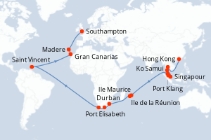 Carte itinéraire croisière - 48 jours au départ de Hong Kong - Europe du Nord