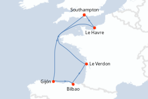 Carte itinéraire croisière - 7 jours au départ de Southampton - Europe du Nord