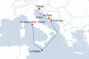 Carte itinéraire croisière - 7 jours au départ de Civitavecchia - Rome - Méditerranée
