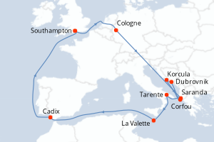 Carte itinéraire croisière - 19 jours au départ de Southampton - Europe du Nord
