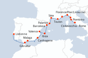 Carte itinéraire croisière  - 17 jours au départ de Civitavecchia - Rome - Atlantique