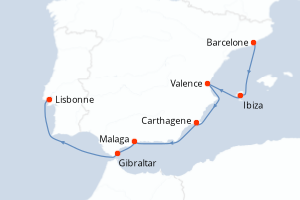 Carte itinéraire croisière - 7 jours au départ de Barcelone - Atlantique
