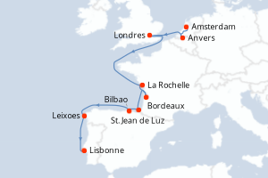 Carte itinéraire croisière - 12 jours au départ de Amsterdam - Atlantique