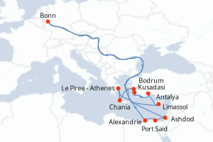 Carte itinéraire croisière - 12 jours au départ de Le Piree - Athenes - Méditerranée
