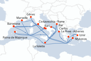 Carte itinéraire croisière - 10 jours au départ de Barcelone - Méditerranée