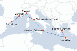 Carte itinéraire croisière - 7 jours au départ de Barcelone - Méditerranée