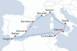 Carte itinéraire croisière - 11 jours au départ de Barcelone - Méditerranée