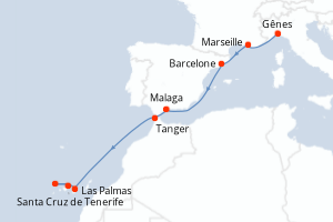 Carte itinéraire croisière - 10 jours au départ de Genes - Iles Canaries