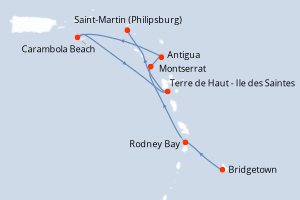Carte itinéraire croisière - 7 jours au départ de Bridgetown - Caraïbes Bahamas