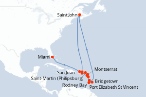 Carte itinéraire croisière - 15 jours au départ de Miami - Caraïbes Bahamas