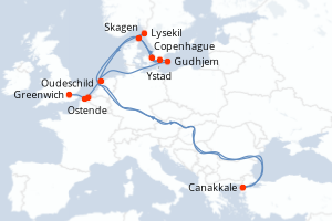 Carte itinéraire croisière - 10 jours au départ de Copenhague - Europe du Nord
