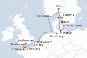 Carte itinéraire croisière - 14 jours au départ de Southampton - Europe du Nord