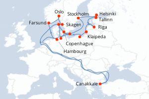 Carte itinéraire croisière - 19 jours au départ de Hambourg - Europe du Nord