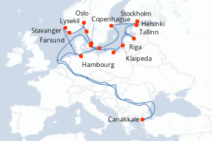 Carte itinéraire croisière - 19 jours au départ de Copenhague - Europe du Nord