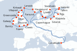 Carte itinéraire croisière - 34 jours au départ de Douvres - Europe du Nord