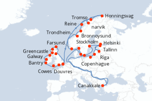 Carte itinéraire croisière - 40 jours au départ de Copenhague - Europe du Nord