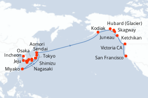 Carte itinéraire croisière  - 31 jours au départ de Incheon - Amérique du Nord