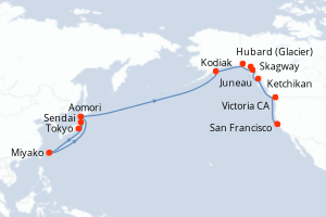 Carte itinéraire croisière  - 20 jours au départ de Tokyo - Amérique du Nord