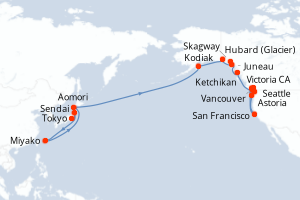 Carte itinéraire croisière  - 27 jours au départ de Tokyo - Alaska