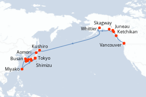 Carte itinéraire croisière  - 30 jours au départ de Vancouver - Asie