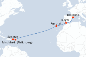Carte itinéraire croisière - 12 jours au départ de San Juan - Transatlantique