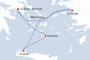 Carte itinéraire croisière - 7 jours au départ de Le Piree - Athenes - Méditerranée
