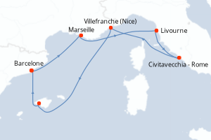 Carte itinéraire croisière - 7 jours au départ de Barcelone - Méditerranée