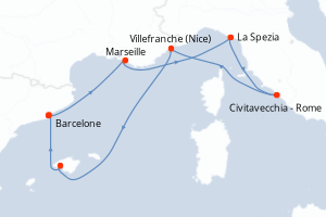 Carte itinéraire croisière - 7 jours au départ de Barcelone - Méditerranée