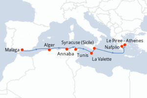Carte itinéraire croisière - 9 jours au départ de Malaga - Méditerranée