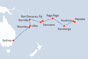 Carte itinéraire croisière  - 18 jours au départ de Papeete - Australie Nouvelle Zélande