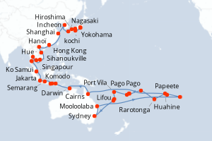 Carte itinéraire croisière  - 62 jours au départ de Papeete - Asie