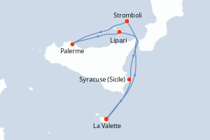 Carte itinéraire croisière - 5 jours au départ de La Valette - Méditerranée