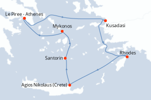 Carte itinéraire croisière - 5 jours au départ de Le Piree - Athenes - Méditerranée